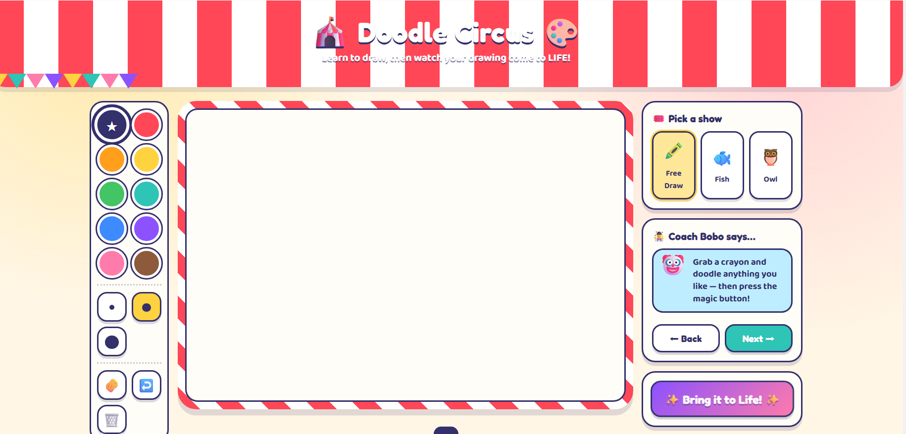 Doodle Circus drawing interface with guided lessons and canvas tools