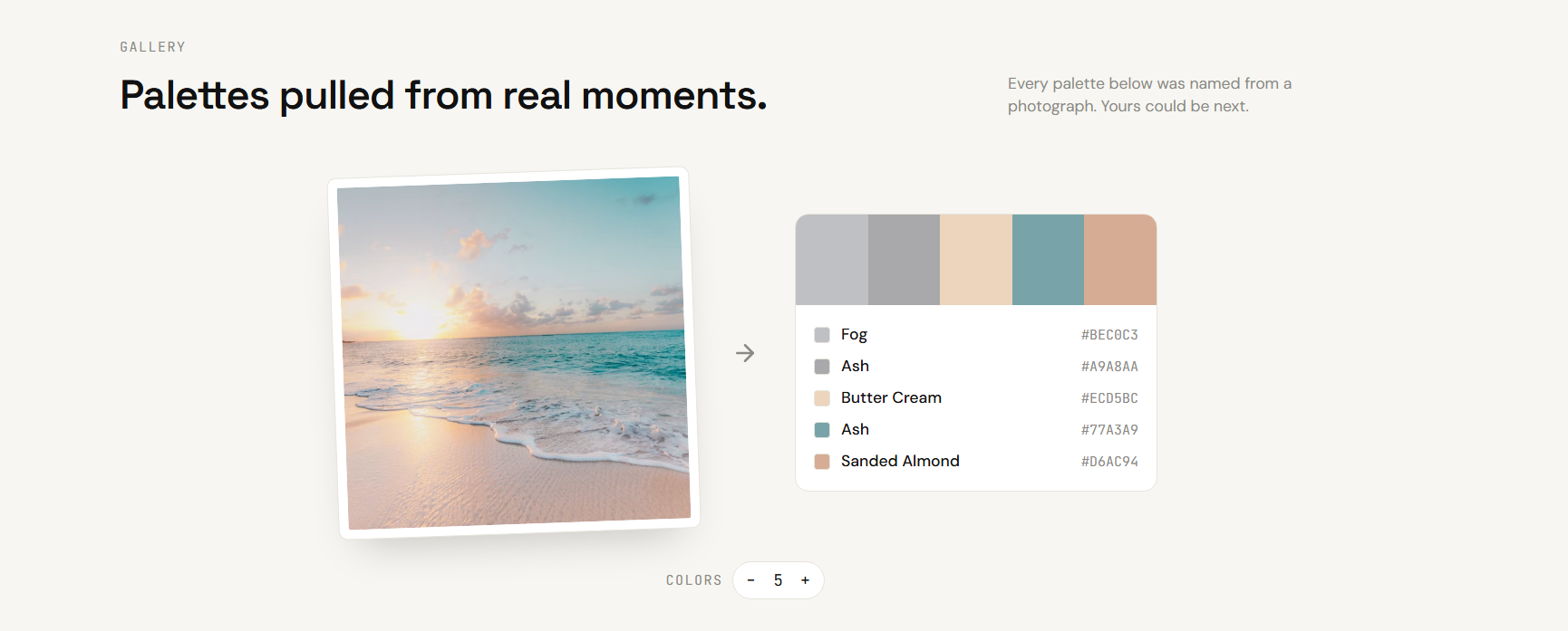 PaletteSnap interface extracting and naming colors from a photograph